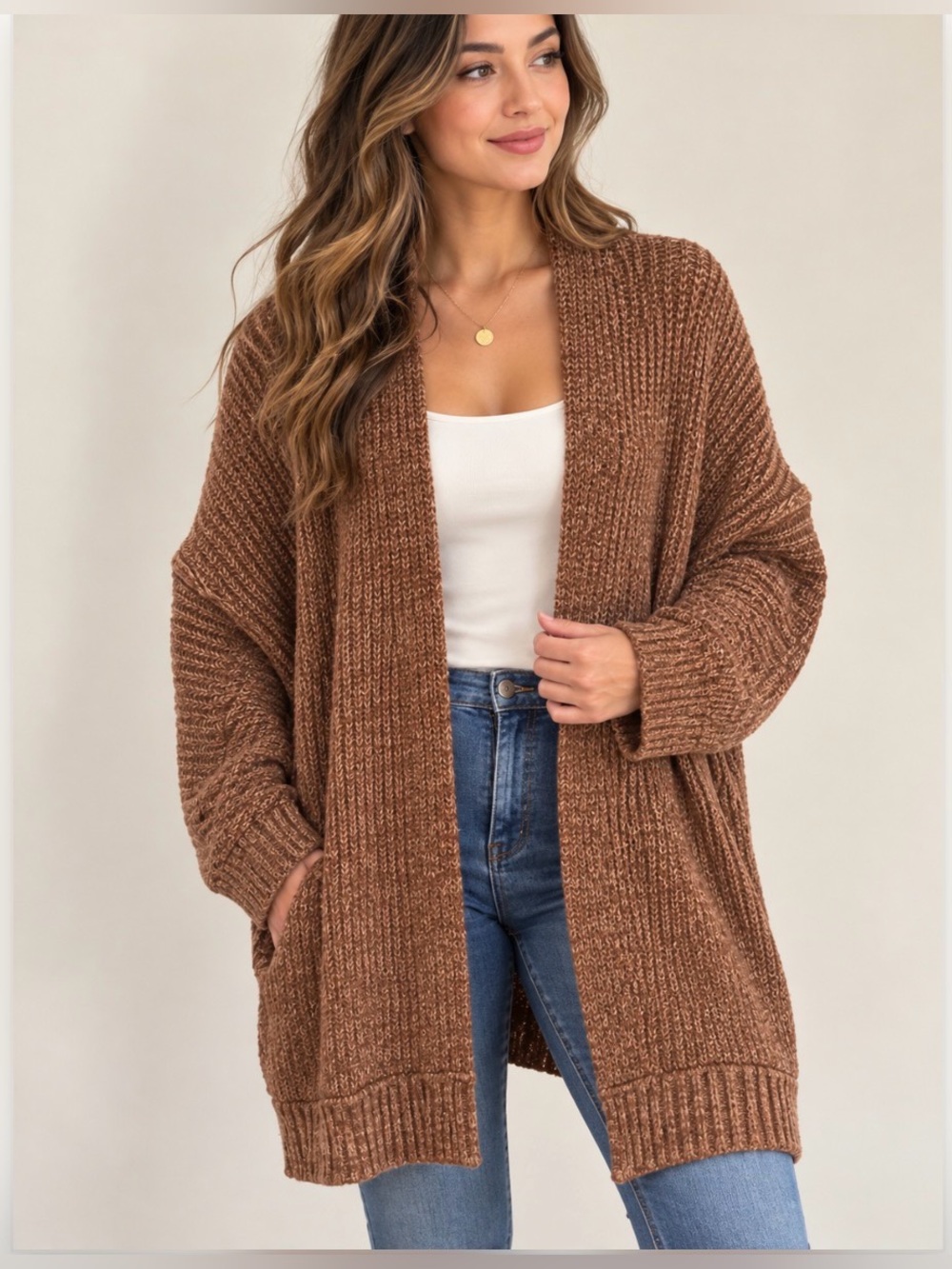 214. Free People Cozy Open-Front Women’s Cardigan Sweater - Brown oversize xs